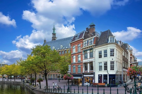 Embankment of the canal in Leiden city center, Netherlands