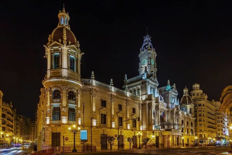 Valencia Town Hall (Ayuntamiento de Valencia) built in an eclectic style, Spain. Evening