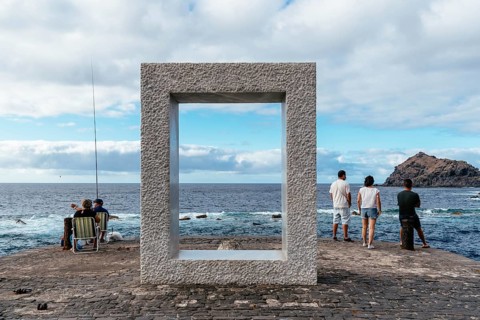 Garachico, Spain, August 2, 2021: Tensei Tenmoku minimalst monument in the old port of Garachico in