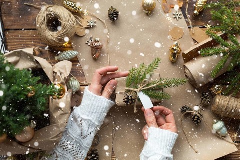Hands pack a gift for Christmas and new year in eco-friendly materials: kraft paper, live fir