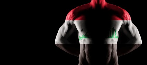 Iraq flag on muscled male torso with abs, black background