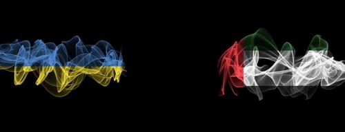 Flags of Ukraine and UAE on Black background, Ukraine vs United Arab Emirates Smoke Flags