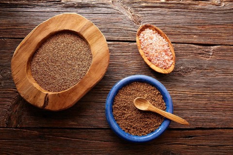 Sesame seeds gomasio seasoning ingredients with Himalayas salt