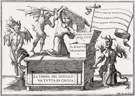 Allegory of avarice, devil's flour is all in bran, 1688, by Giuseppe Maria Mitelli, 1634, 1718