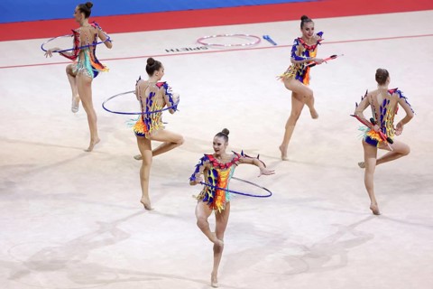 Sofia, Bulgaria - 27 March, 2021: Team Belarus perform during the 3 Hoops + 2 pairs of Clubs group
