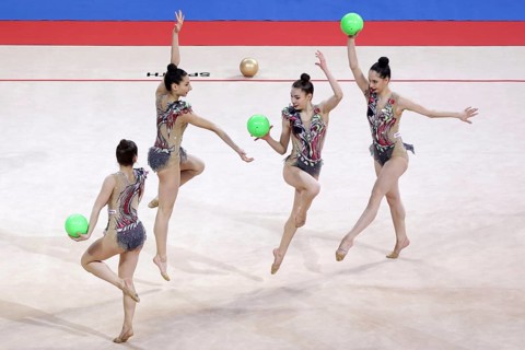 Sofia, Bulgaria - 26 March, 2021: Team Turkey perform during the 5 Balls group qualifications at