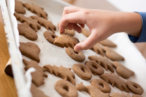 Boy picking up baked gingerbread cookie from a white plate