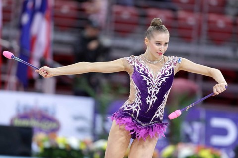 Sofia, Bulgaria - 6 May, 2017: Alesia Kolmonen from Finland performs during Rhythmic Gymnastics