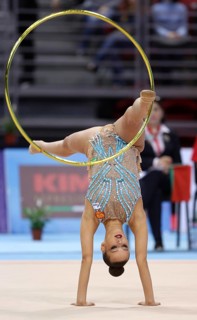 Sofia, Bulgaria - 1 April, 2018: Ekaterina Selezneva Russia performs with hoop during Rhythmic