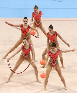 Sofia, Bulgaria - 1 April, 2018: Team Russia performs with balls and ropes during Rhythmic