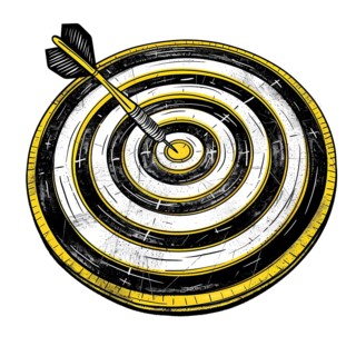 Black and yellow target with a dart hitting the bullseye, detailed illustration