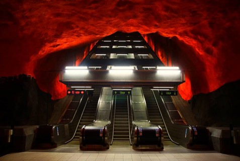 Fragment of the interior of the Solna centrum metro station in Stockholm