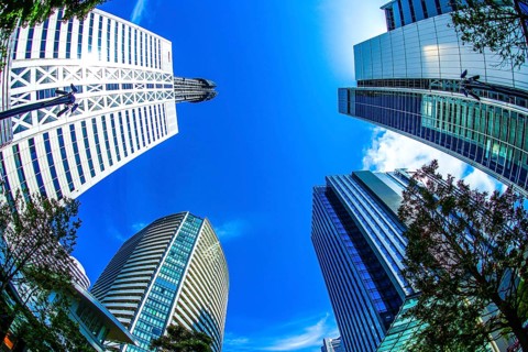 Yokohama Minato Mirai of high-rise buildings and blue sky. Shooting Location: Yokohama-city