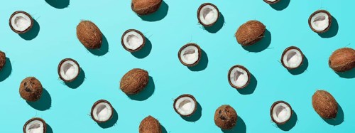 Creative layout of coconuts half on blue background. Tropical pattern, top view or flat lay. Hard