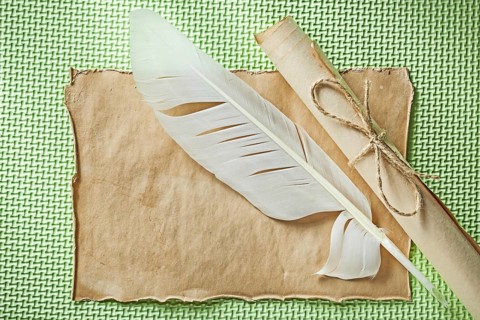 Vintage sheet paper roll quill on green surface horizontal view