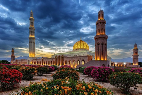 Countryside, Oman, Mosque, blue hour, Illuminated, Building, Architecture, Sultan Qabus Grand