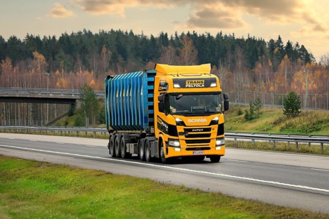 Next Generation Scania R500 truck of TransPeltola Oy hauls Bruhn Spedition cargo container on