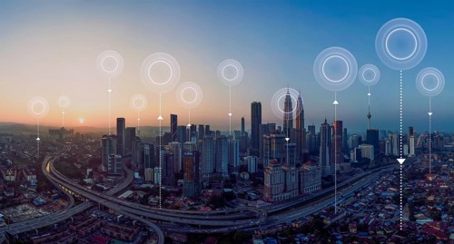 Panorama aerial view in the cityscape skyline with network connection concept, early morning
