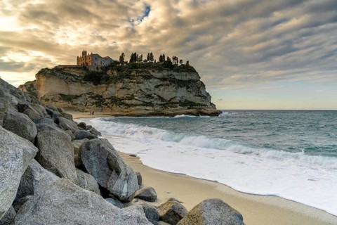 Tropea, Italy, 16 December, 2023: view of the Santa Maria dell'Isola Church on its rocky promontory