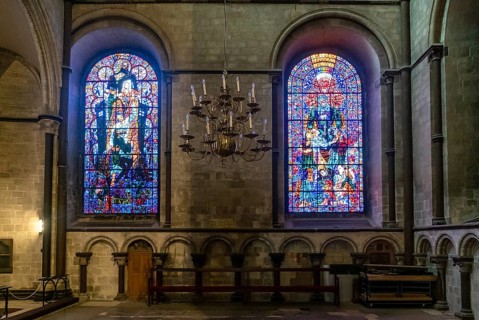 Canterbury, United Kingdom, 10 September, 2022: close-up view of historic stained glass windows