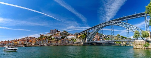 Panorama of the riverbank of Ribeira District and Dom Luis I Bridge in Porto, Portugal, Europe
