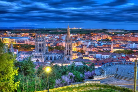 Burgos aerial view skyline sunset with Cathedral in Castilla Leon of Spain
