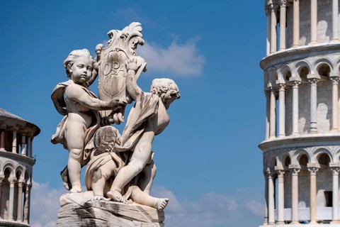 Sculpture at the cathedral and famous leaning tower of Pisa, Italy, Europe