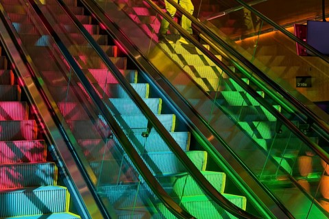 Colourful reflections on stairways, convention centre, Montreal, Province of Quebec, Canada, North