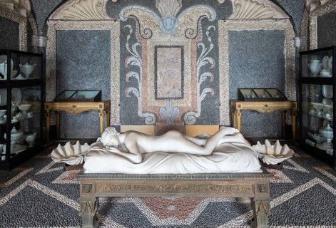 Isola Bella, Italy, 01 August 2023: Sleeping Venus by Giovanni Battista Monti, 1789, white marble,