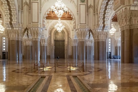 Casablanca, Morocco, 29 March, 2024: view of the west portal and central hall of the Hassan II