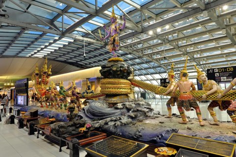 Group of figures from Thai mythology Scene of the Churning of the Milk Ocean in the departure area