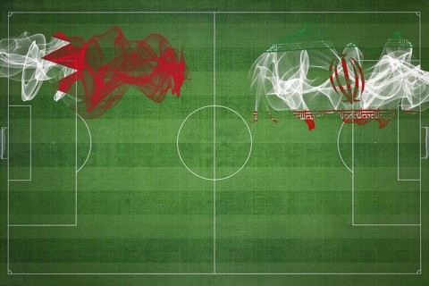 Bahrain vs Iran Soccer Match, national colors, national flags, soccer field, football game,