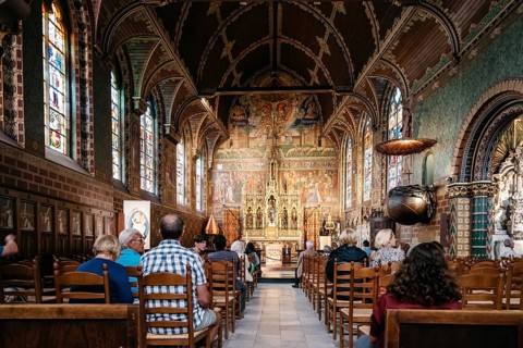 Bruges, Belgium, July 29, 2016: Interior view of Basilica of The Holy Blood of Bruges. The historic