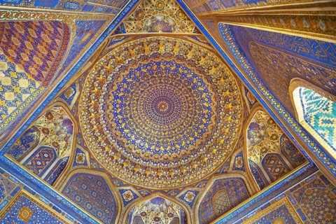 Panelling of the prayer hall in the Tilya Kori Madrasa, Samarkand, Uzbekistan, Asia
