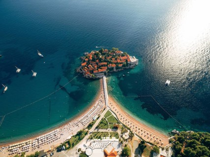 Aerial view of the beaches near the island of Sveti Stefan. Montenegro.