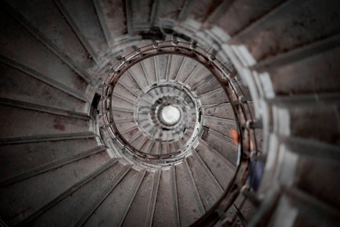 Swirling spiral staircase. Shooting Location: UK, London