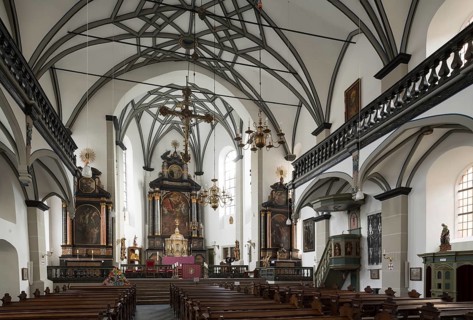 Built 1659-1668 by the lay brothers of the Jesuit order, view southwards to the high altar, gallery