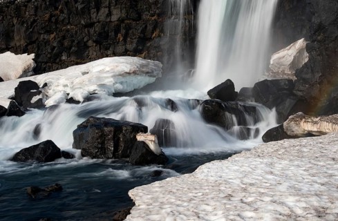 Water from waterfall splashing on a rocky river. The Oxararfoss waterfall in pingvellir Thingvellir