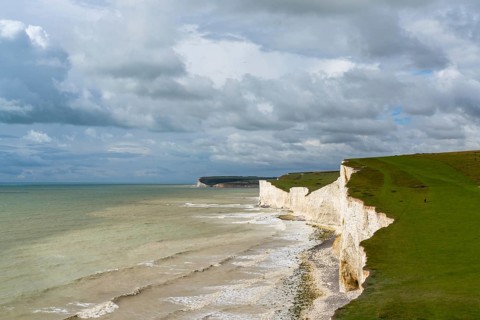 A view of the white cliffs of the Seven Sisters in East Sussex on the English Channel