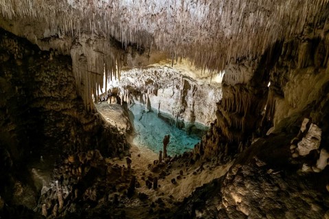 Porto Cristo, Spain, 23 January, 2024: view of the rock formations inside the Cuevas del Drach in