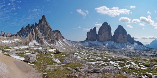 View of the Three Peaks and the Paternkofel from the path to the Dreizinnenhütte, Sesto Dolomites,