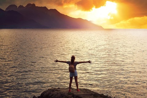 Geneve Lake Leman Geneva backpack tourist girl Switzerland Swiss
