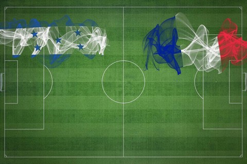 Honduras vs France Soccer Match, national colors, national flags, soccer field, football game,