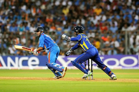 Batsman Gautam Gambhir plays shot Sri Lankan wicketkeeper Sangakkara tries ball 2011 ICC World Cup