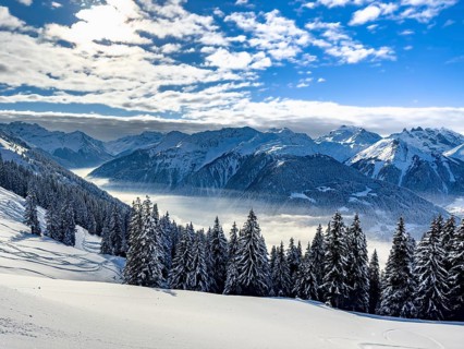 Snow-covered winter landscape in the Silvretta Montafon ski area in Vorarlberg, Austria, Europe