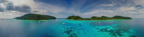 Aerial panorama view of beauty nature landscape with beach, corals and sea on tropical Koh Rok