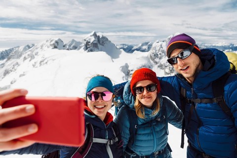Mountaineer backcountry ski touring in the mountains. Ski touring in high alpine landscape with