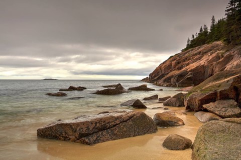 View of the rocky cliff shore line at Acadia National Park. Maine, New England, USA - HDR Image