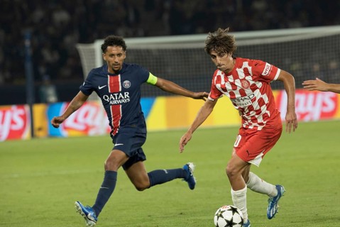 Football match, Bryan GIL Girona FC right on the ball fighting with MARQUINHOS Paris St. Germain,
