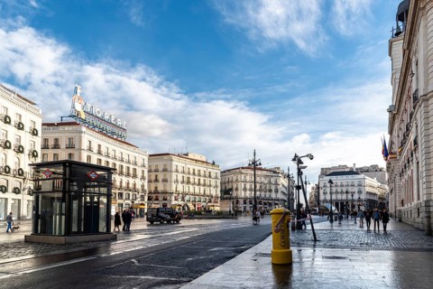 Madrid, Spain, November 1, 2019: Scenic view of famous Puerta del Sol square. Morning view, Europe